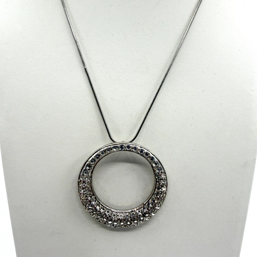 Y2K Crystal Circle Pendant Necklace Silver Tone Statement Sparkle Glamour Gift